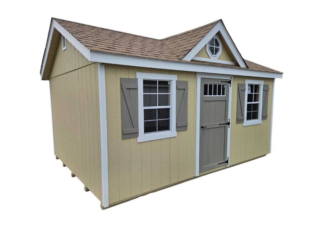 Storage shed with gable dormer and shuttered windows from Waterloo Products in Parkesburg PA